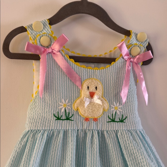 Lil Cactus Blue Seersucker Dress with Chick Appliqué and Pink Bows - Picture 2 of 9